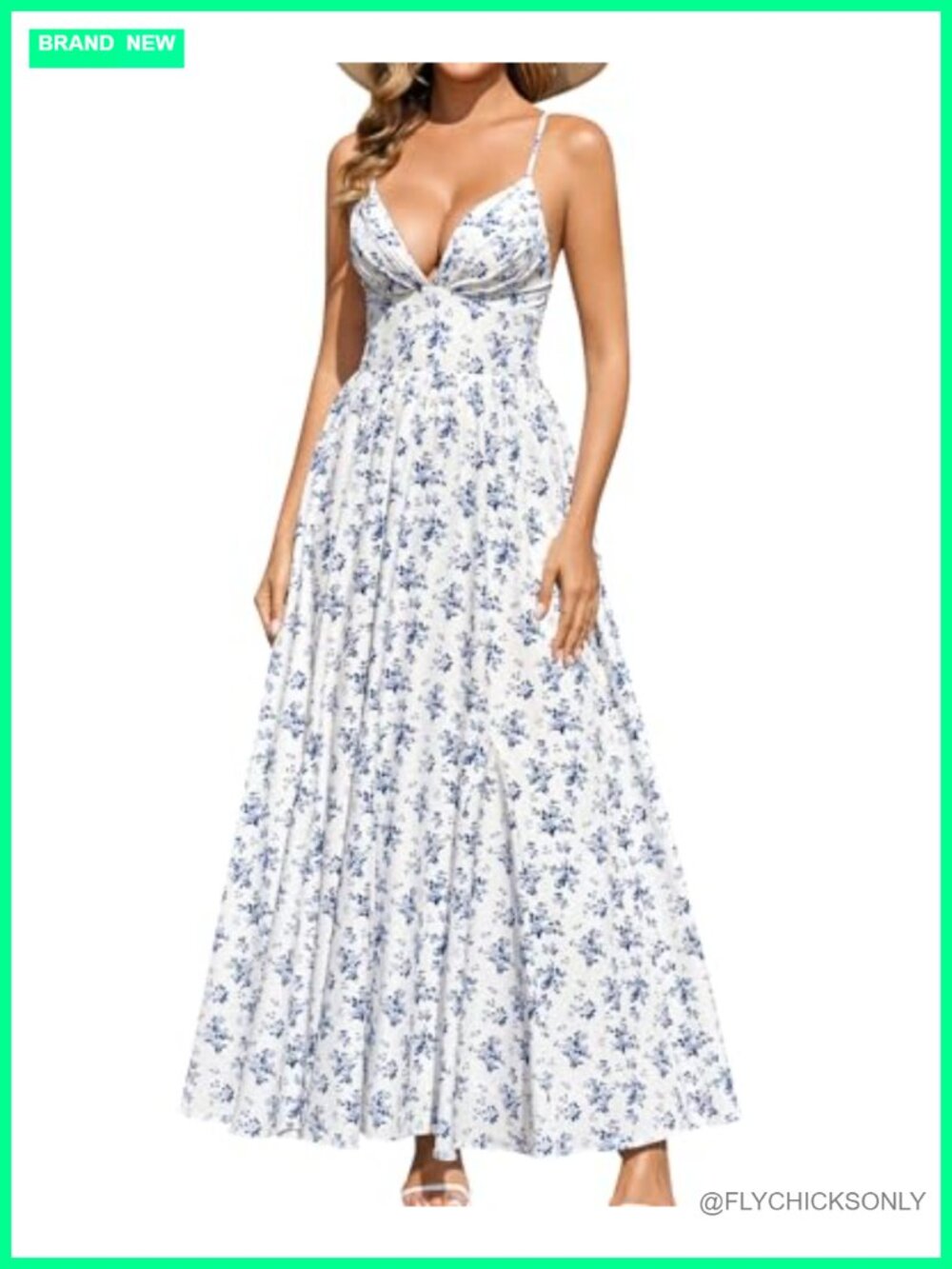 Women Floral Maxi Dress Spaghetti Strap V Neck Flowy Summer Wedding Guest